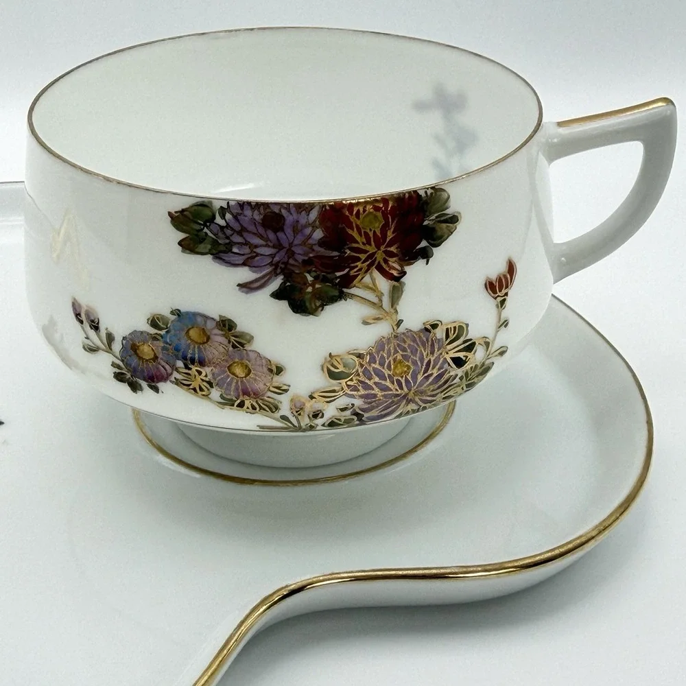 Vintage Kutani Style Kyoto Japan Tea Set 4 Cups Snack Trays Eggshell Gold Floral